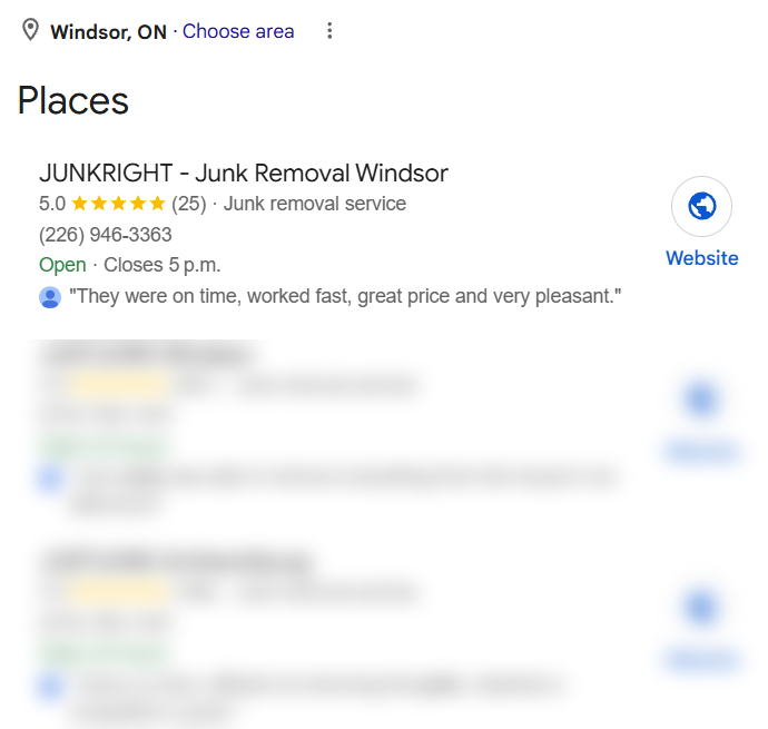 Google search results for “junk removal Windsor” with JUNKRIGHT listed first in Places, rated 5.0 stars from 25 reviews. Other businesses are blurred.